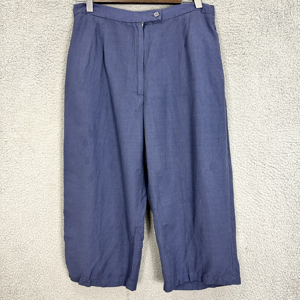 Preswick & Moore Crop Pants Womens P12 Blue Linen Blend Pleated Wide Leg Casual